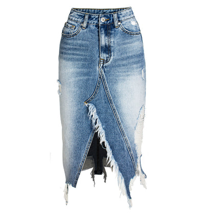 Women's Tassel Ripped Denim Skirt