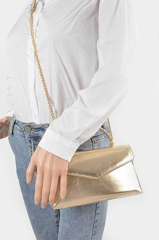 Metal Handle Metallic Leather Convertible Clutch