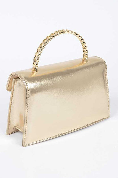 Metal Handle Metallic Leather Convertible Clutch