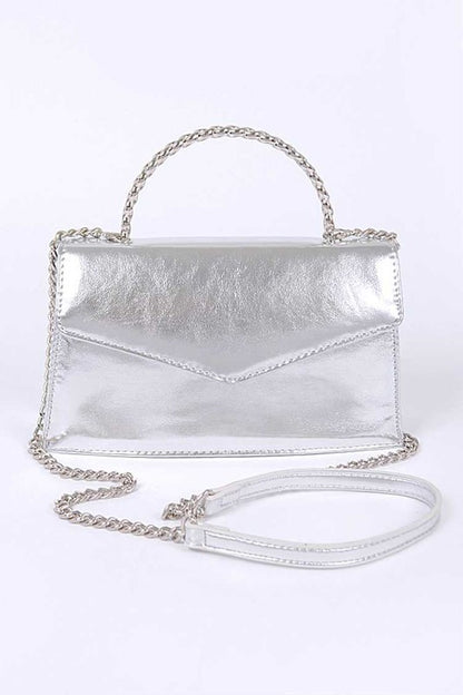 Metal Handle Metallic Leather Convertible Clutch