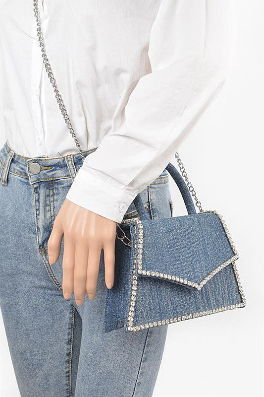 Rhinestone Accent Denim Top Handle Clutch Bag