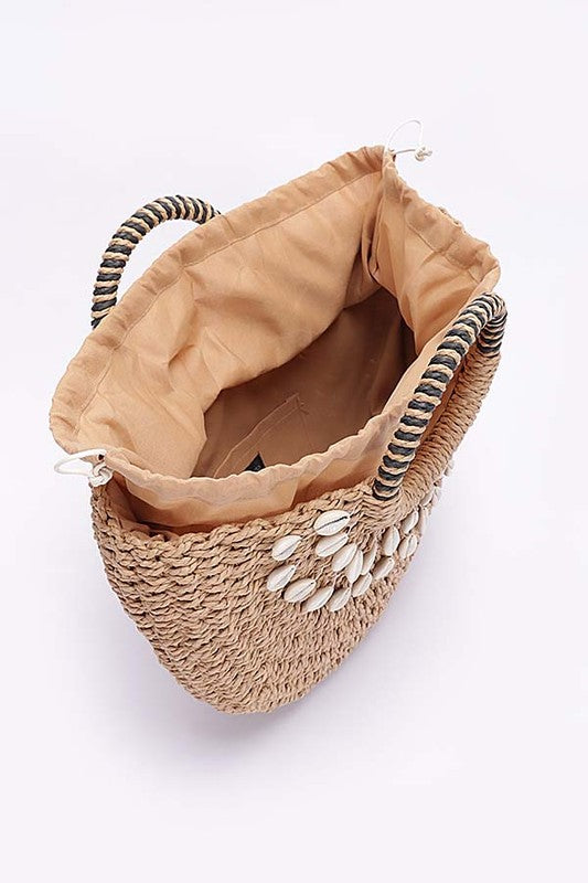 Top Handle Sea Shell Faux Straw Tote Bag