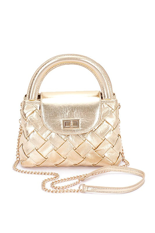 Weaved Metallic Faux Leather Top Handle Swing Bag