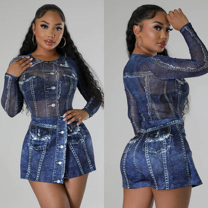 Imitation Denim Printed Mesh Two Piece Set