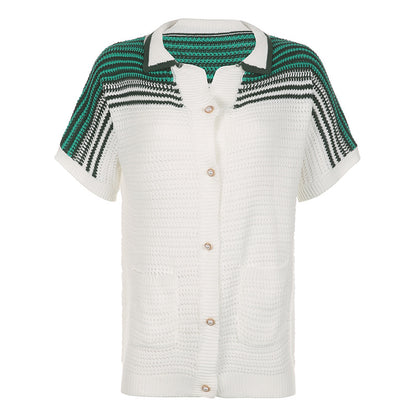 Knitted Striped Collared Short Sleeve Top