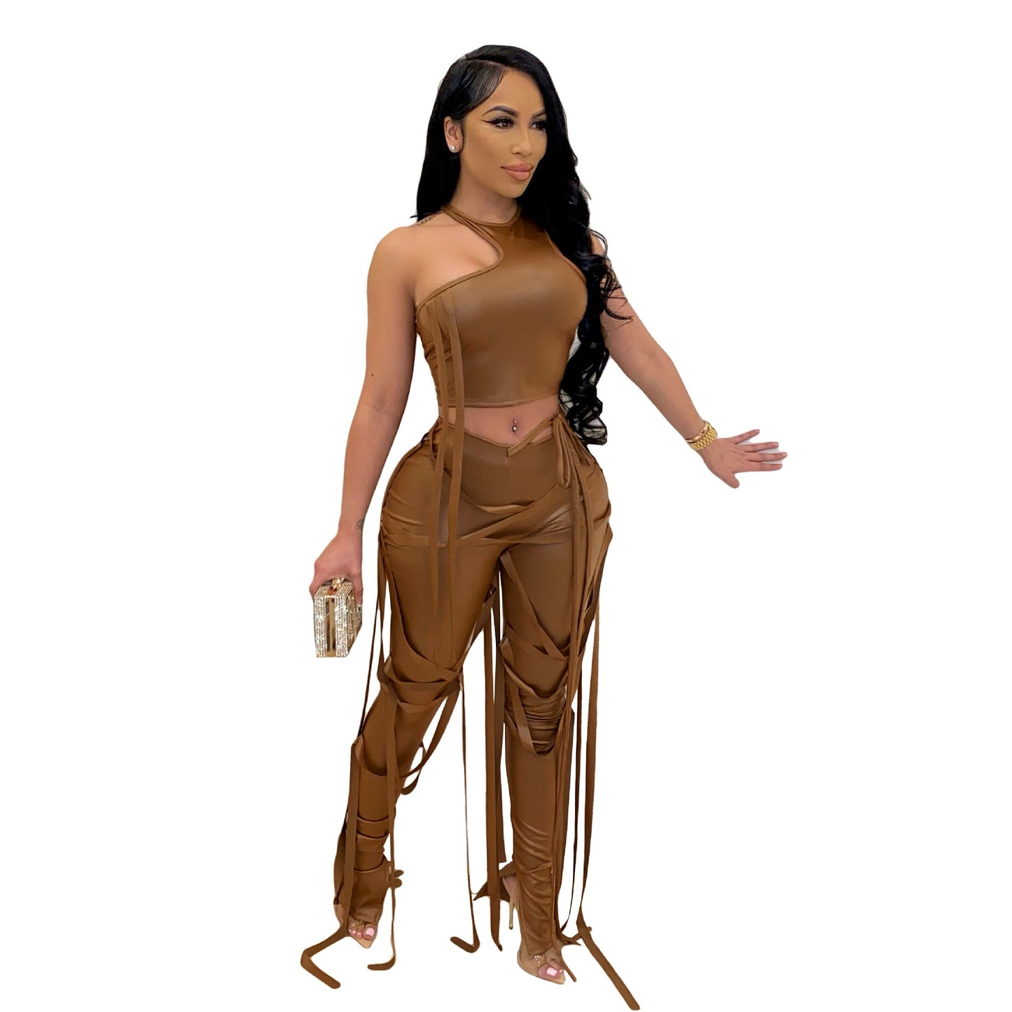 Two Piece Faux Leather Pants Suit