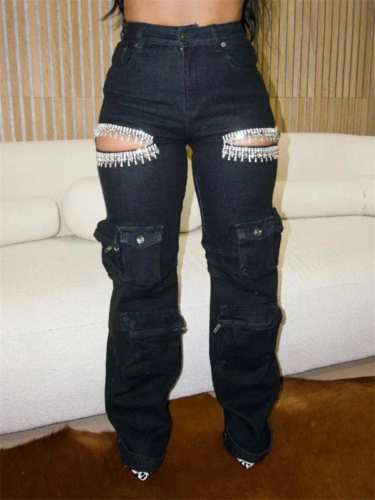 Luxe Hollow Out Diamonds Denim Trousers