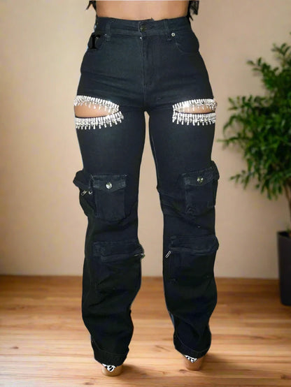 Luxe Hollow Out Diamonds Denim Trousers