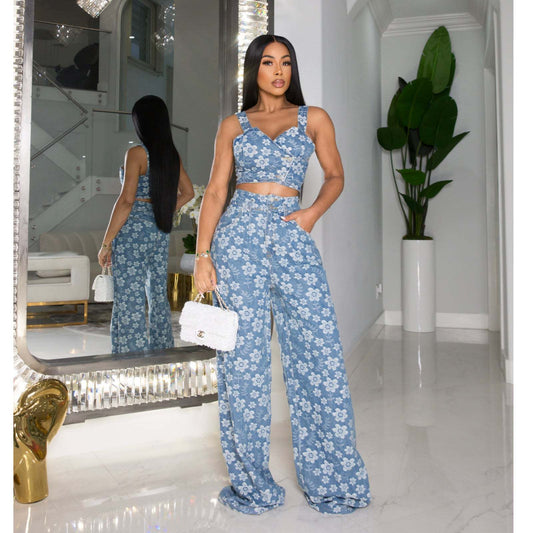 Flowered Wrapped Wide Leg Pants Suit
